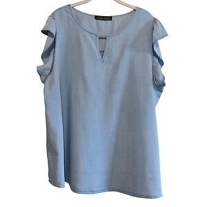 Love University, Women's Light Blue Chambray Ruffle Sleeve Keyhole Top Sz 2X